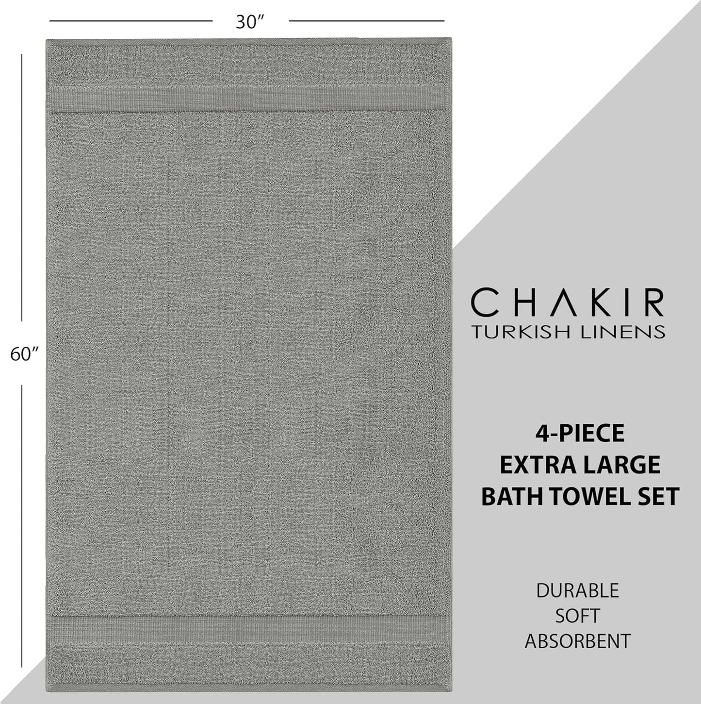 Chakir Turkish Linens | Hotel & Spa Quality 100% Cotton Luxury Turkish Towels | Soft & Absorbent (30x60 Inches Extra Large Bath Towels, Set of 4 - Gray)
