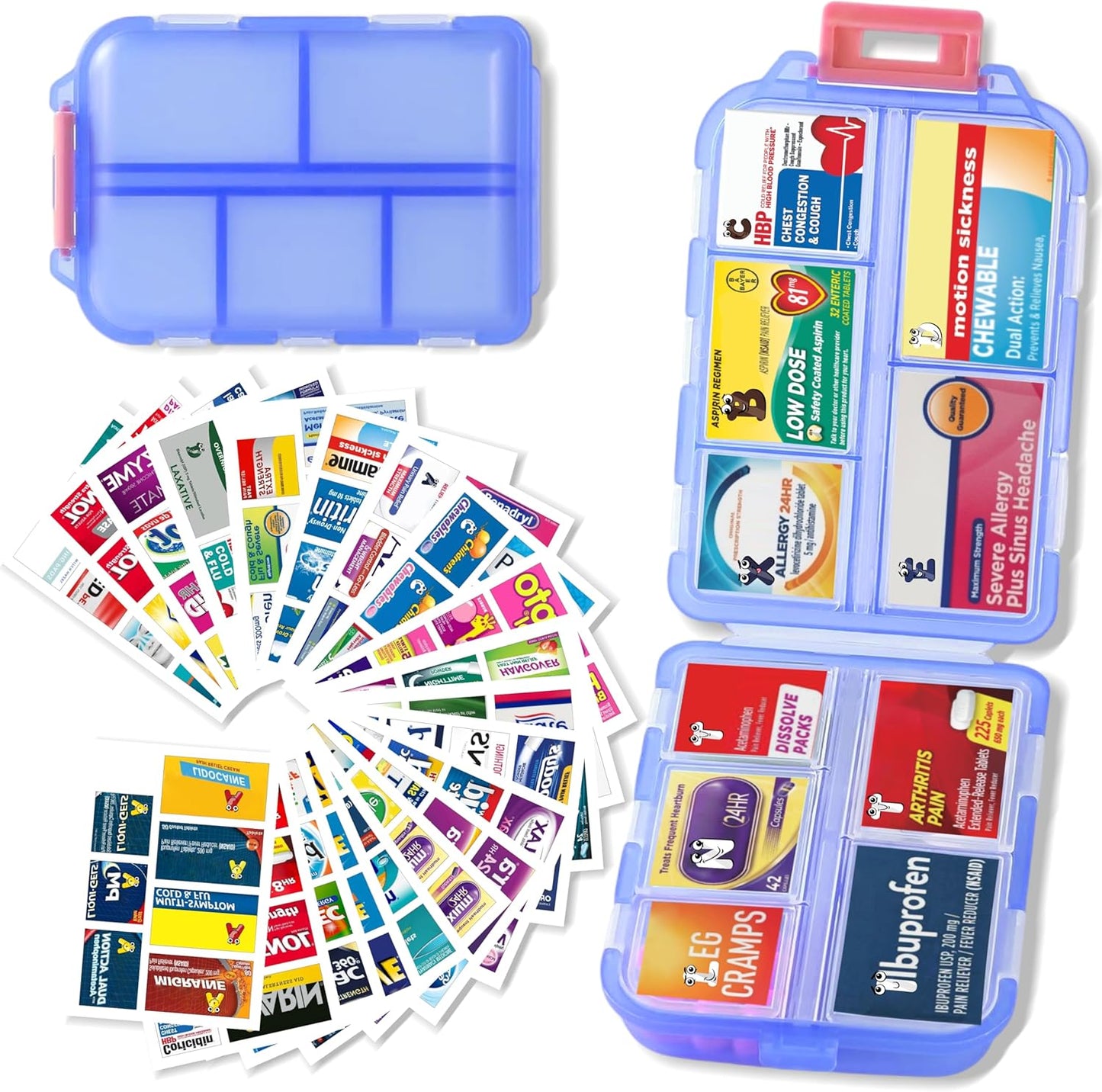 Pill Organizer with Medicine Labels Travel Daily Pill Container Mini Medication Organizer Storage Pill Organizer Travel Essentials Pill Case 7 Day (Blue & 161 Lables)