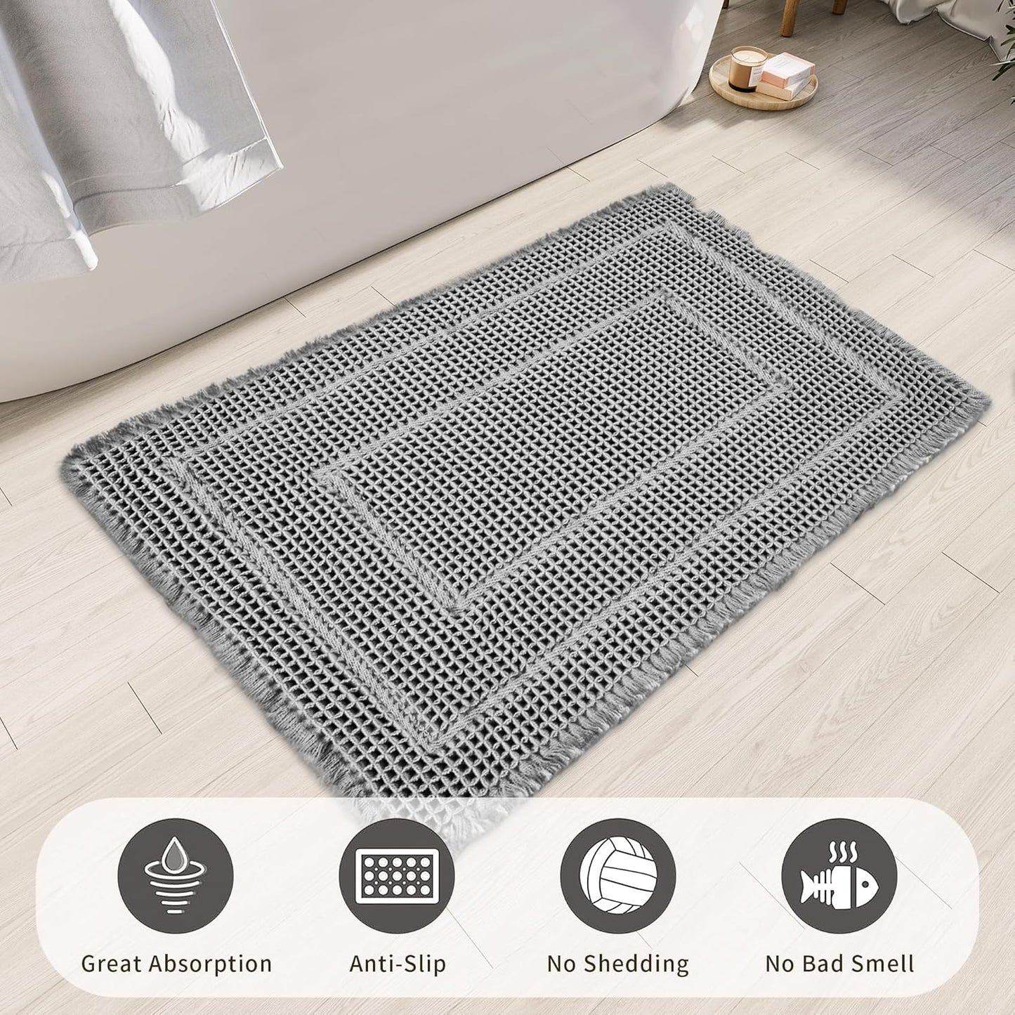 Bathroom Floor Mat,Boho Bathroom Mat,Super Absorbent Bath Rug, Non Slip WashableBathroom Rugs, Quick Dry Shower Mats, Ultra Soft Bath Mat Towel,Grey,18"*30"