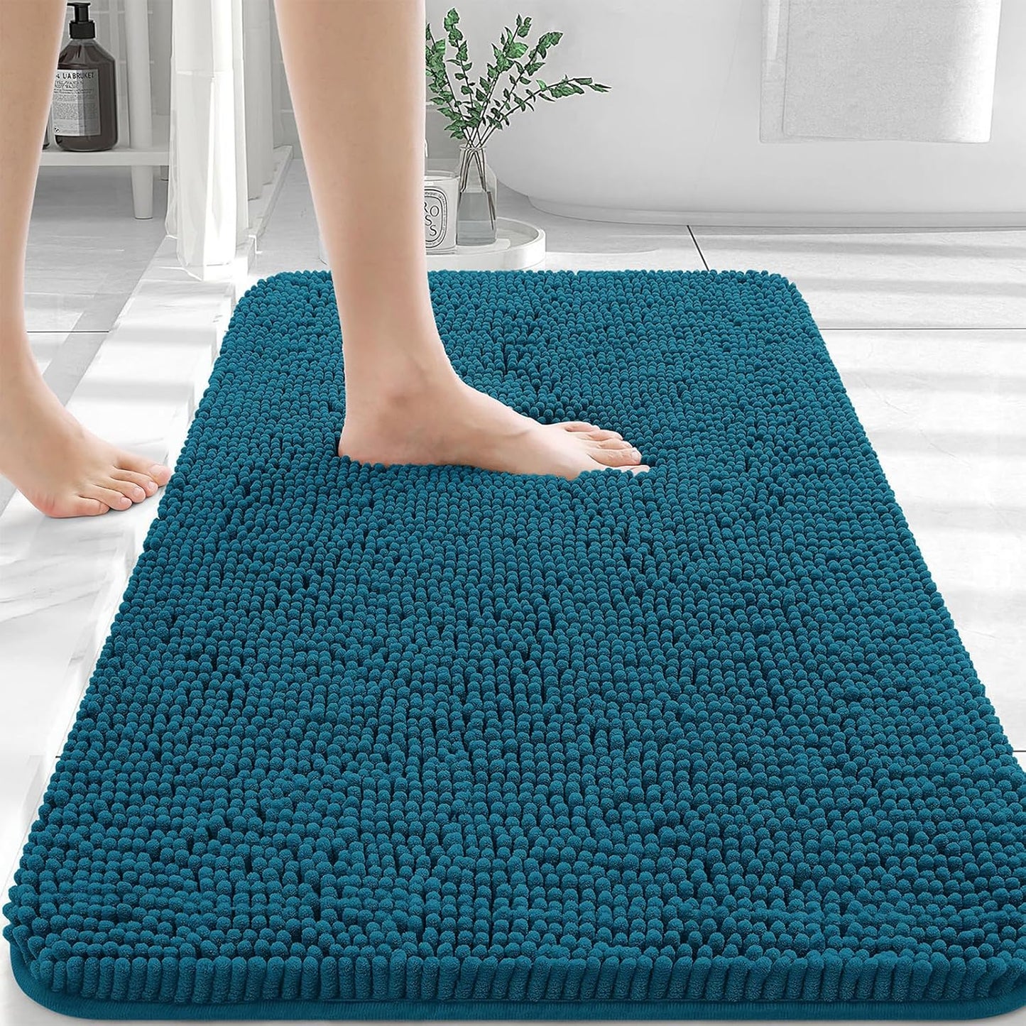 OLANLY Bathroom Rugs 30x20, Extra Soft Absorbent Chenille Bath Rugs, Rubber Backing Quick Dry, Machine Washable Bath Mats for Bathroom Floor, Tub and Shower, Home Decor Accessories, Peacock Blue