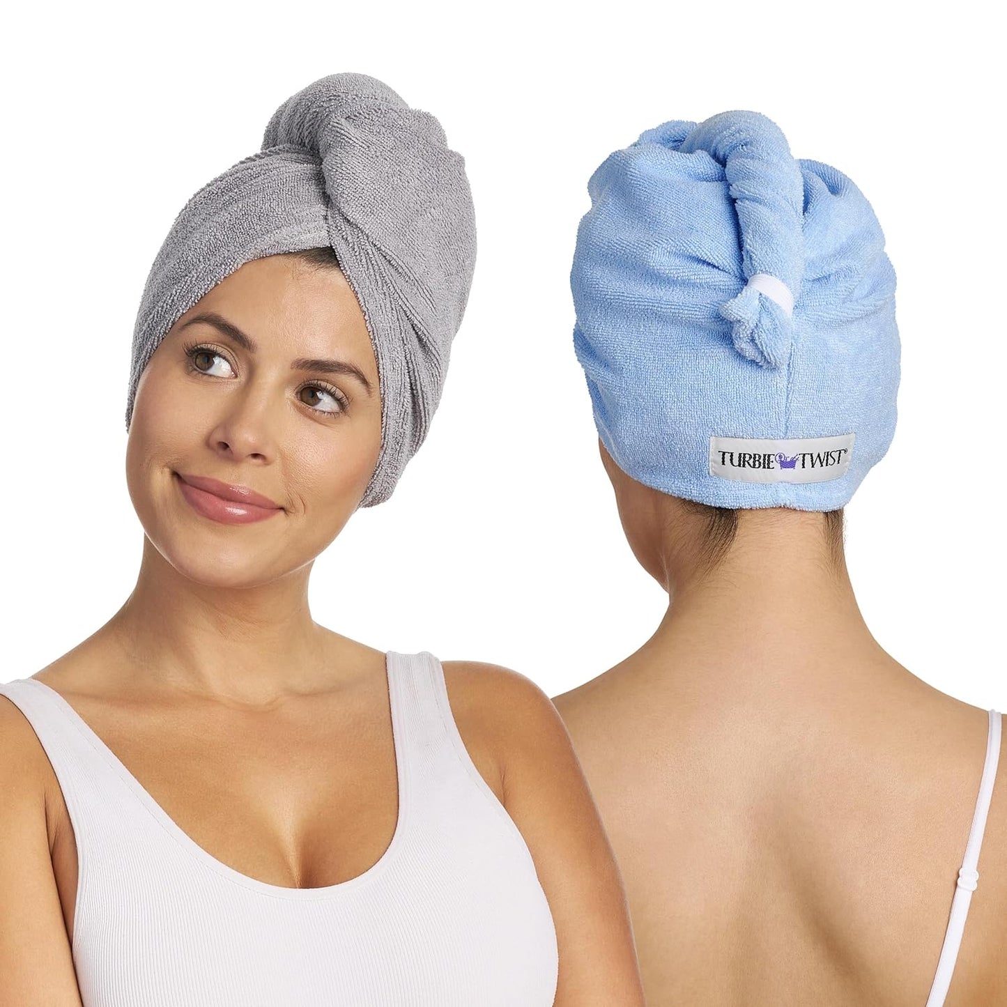 Turbie Twist 2-Pack Microfiber Hair Towel for Beauty, Travel, Gifting - Hair Wrap Turban for Straight, Wavy & Curly Hair - Premium Personal Care - Grey & Blue