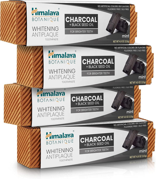 Himalaya Botanique Whitening Antiplaque Toothpaste with Charcoal + Black Seed Oil, Fluoride Free, for Whiter Teeth, 4 oz, 4 Pack