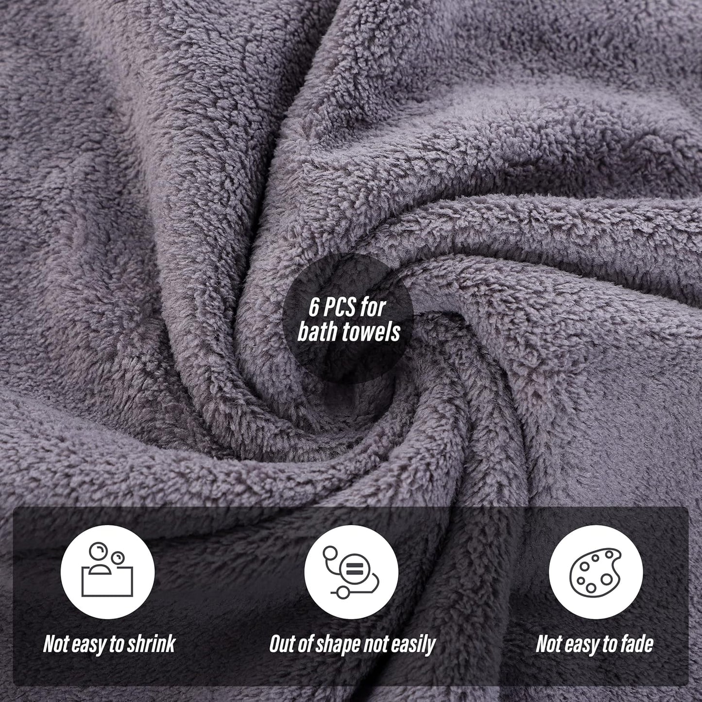 MOONQUEEN 6 Pack Premium Bath Towel Set - Quick Drying - Microfiber Coral Velvet Highly Absorbent Towels - Multipurpose Use as Bath Fitness, Bathroom, Shower, Sports, Yoga Towel (Grey)