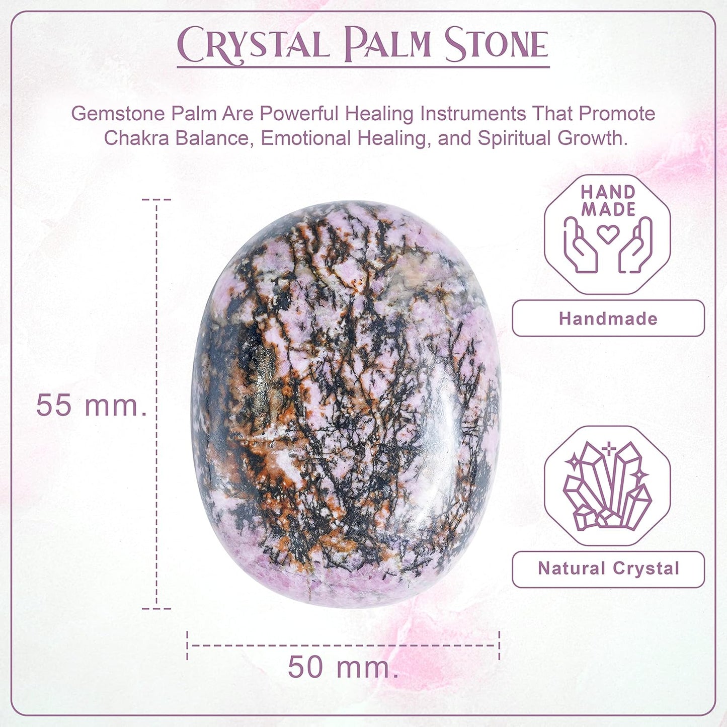 Crocon 50mm Rhodonite Large Palm Stone 900+ Carats Pocket Worry Stones for Natural Chakra Balancing Reiki Healing Stones and Crystal Healing Spa Crystals Gifts for Women