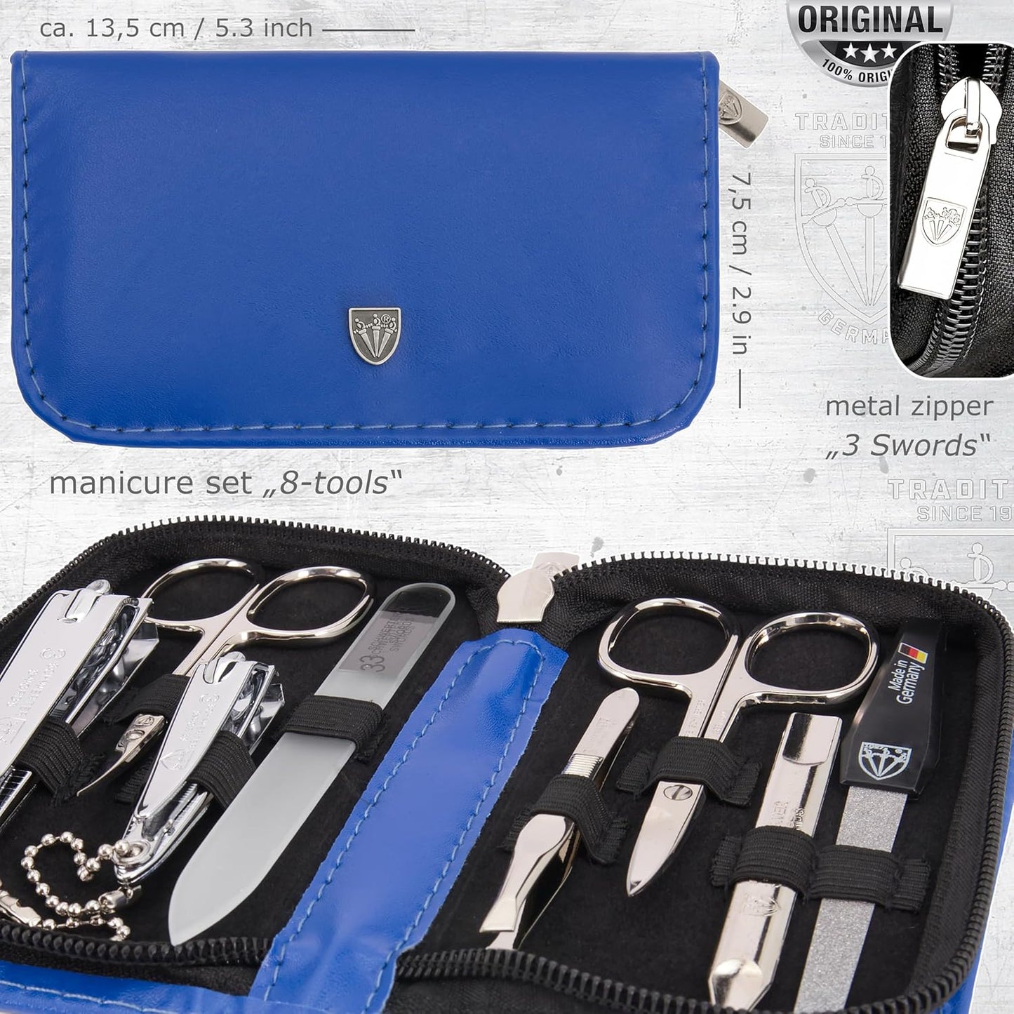 3 Swords Germany - brand quality 8 piece manicure pedicure grooming kit set synthetic leather case blue - Made in Germany