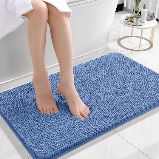 OLANLY Bathroom Rugs 24x16, Extra Soft Absorbent Chenille Bath Rugs, Rubber Backing Quick Dry, Machine Washable Bath Mats for Bathroom Floor, Tub and Shower, Home Decor Accessories, Cornflower Blue
