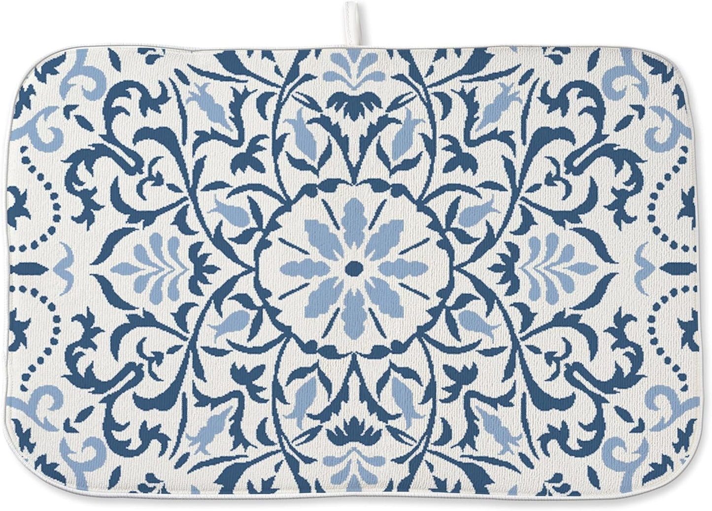 Blue Dish Drying Mat for Kitchen Counter, 18x24 Inch Navy Blue Boho Style Floral Absorbent Dish Drying Pad Heat Resistant Mat Coffee Bar Mat Dish Drainer Rack Mat