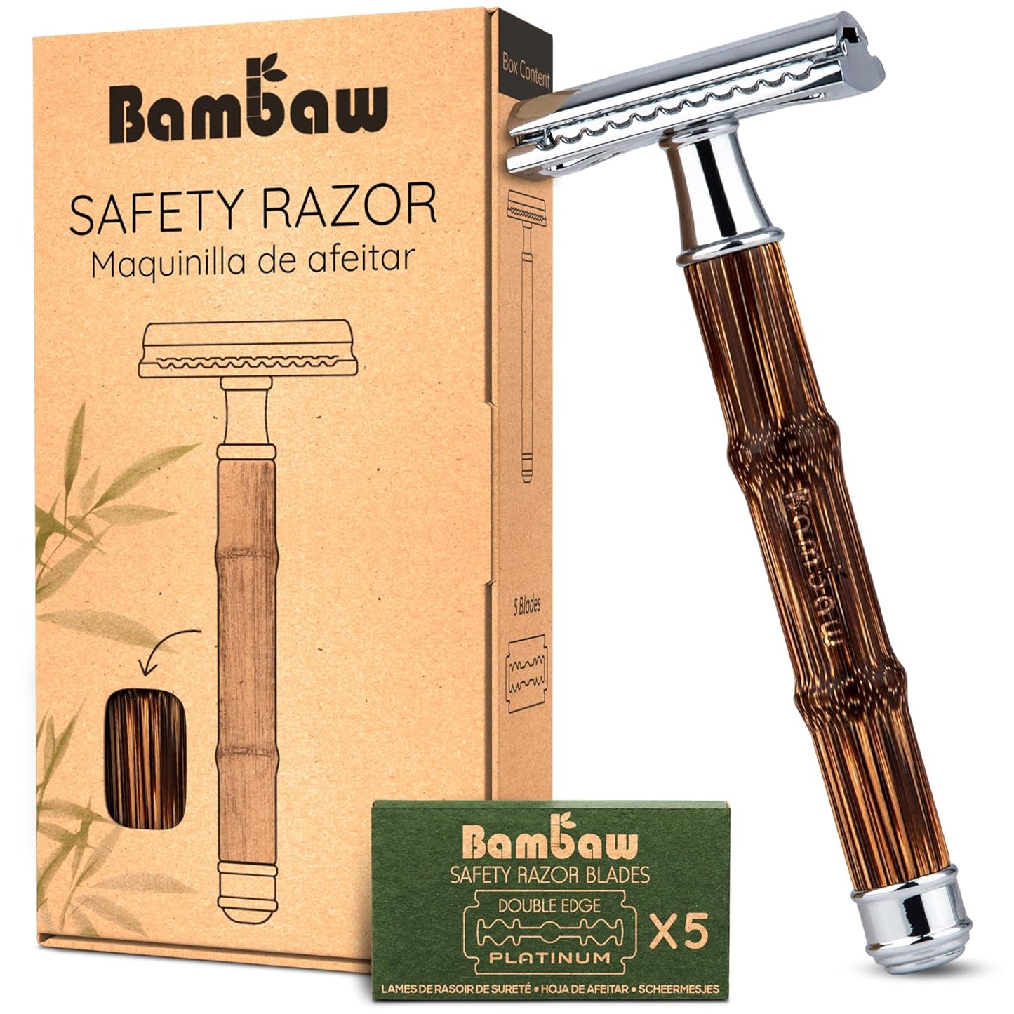 Bambaw Double Edge Safety Razor for Women & Men, Double Edge Razors with 5 Blades, Reusable Single Blade Razor, Eco-Friendly & Plastic Free – Slim Bamboo Silver