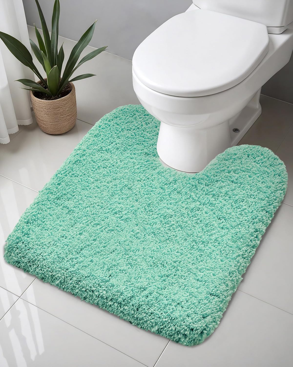 ILANGO Spa Blue Toilet Rugs U Shaped 22" × 24" Non Slip & Super Absorbent Extra Thick Soft, Washable Bath Mats for Bathroom Floor, Microfiber Plush Shaggy Contour Bath Rugs for Toilet,Dry Quick