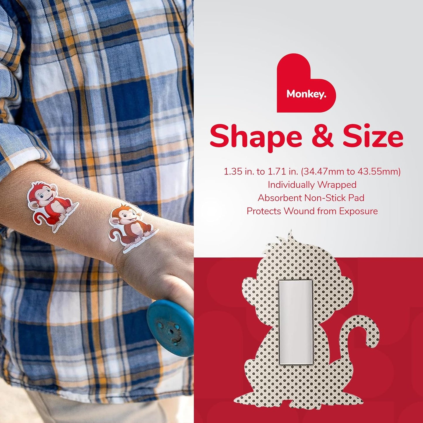 BioSwiss Kids Bandages, Monkey Shaped Self Adhesive Bandage Set, Latex Free, Sterile Wound Care, 24 Count