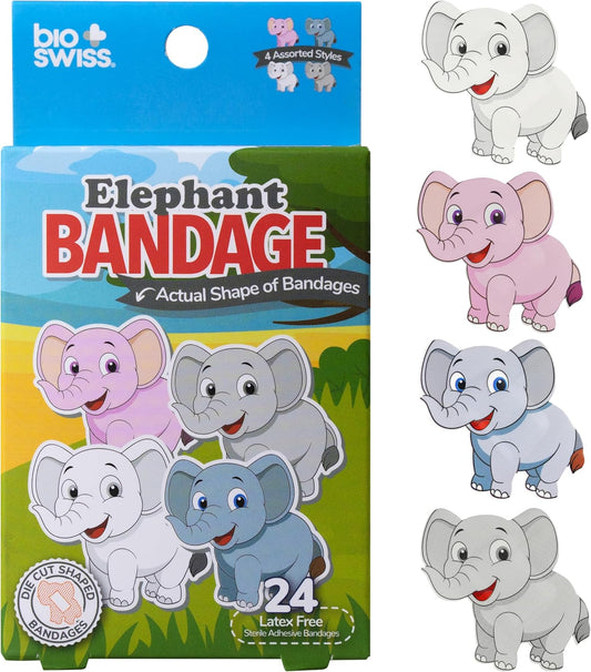 BioSwiss Kids Bandages, Elephant Shaped Self Adhesive Bandage, Latex Free, Sterile Wound Care, 24 Count