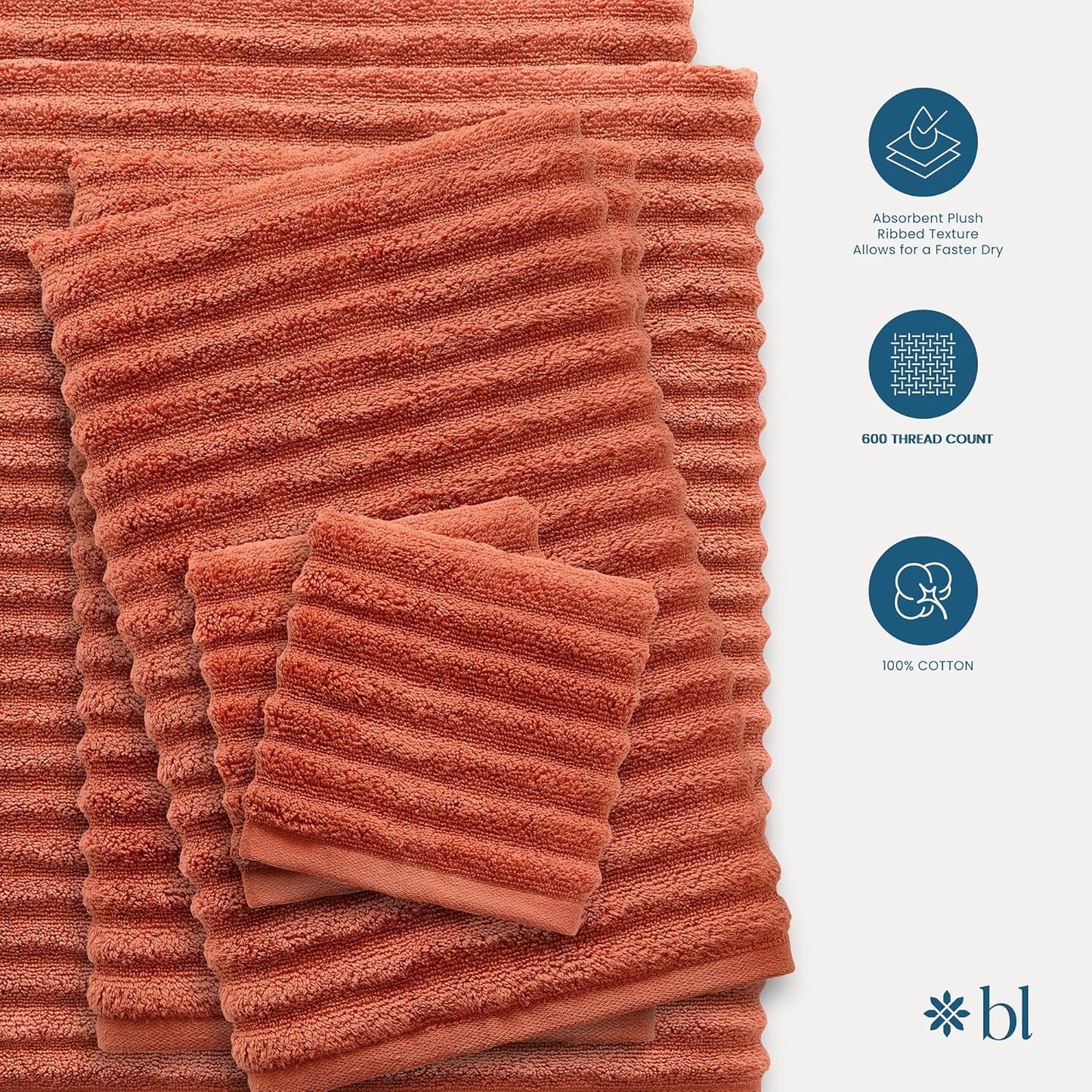 Blue Loom Ribbed Bath Towels Set, 100% Cotton 600GSM, Soft Absorbent Durable 2 Bath Towels, 2 Hand Towels, 2 Wash Cloths for Bathroom - Mason (58" x 30" inch Towels) (Terracotta, 6 Piece)