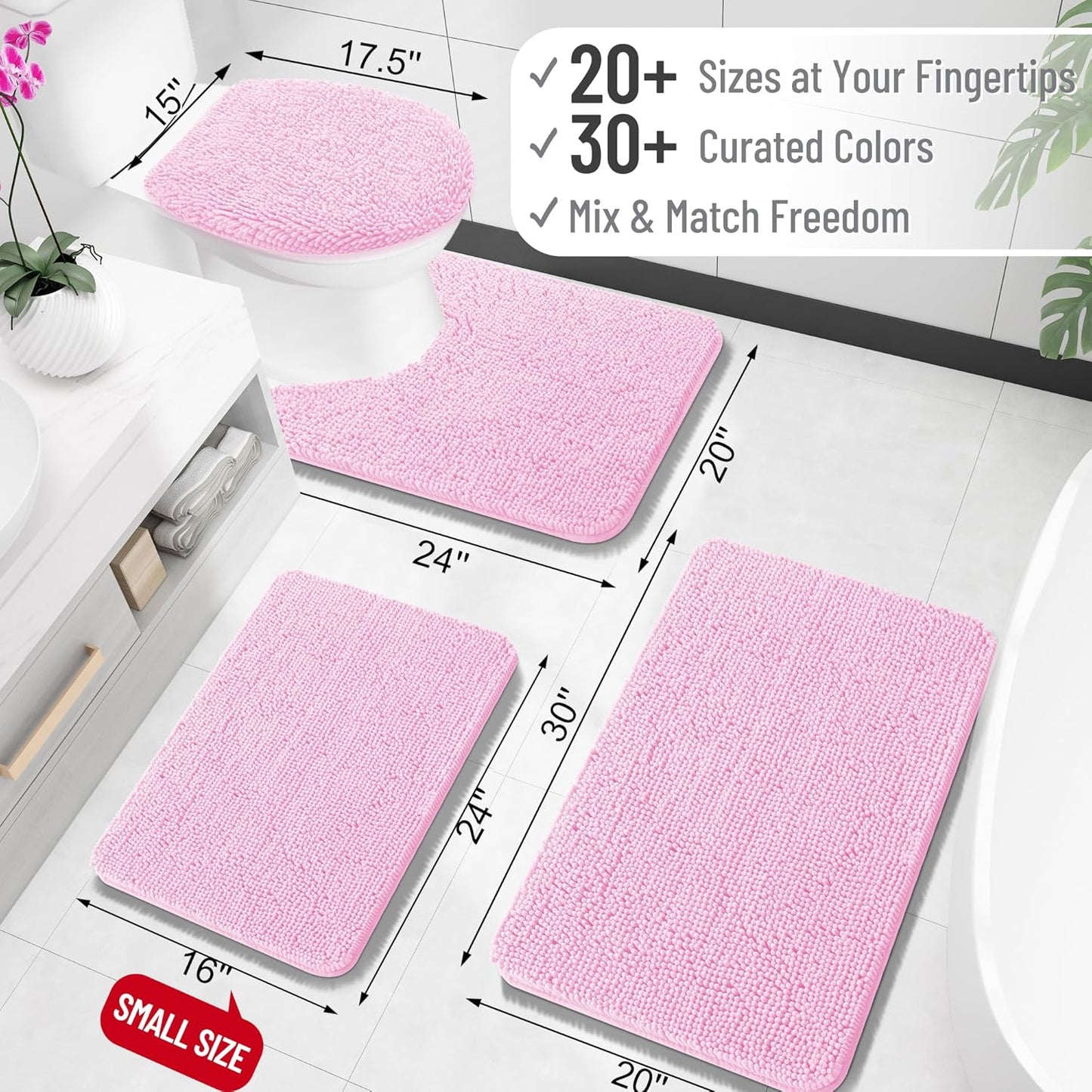 OLANLY Bathroom Rugs 24x16, Extra Soft Absorbent Chenille Bath Rugs, Rubber Backing Quick Dry, Machine Washable Bath Mats for Bathroom Floor, Tub and Shower, Home Decor Accessories, Pink