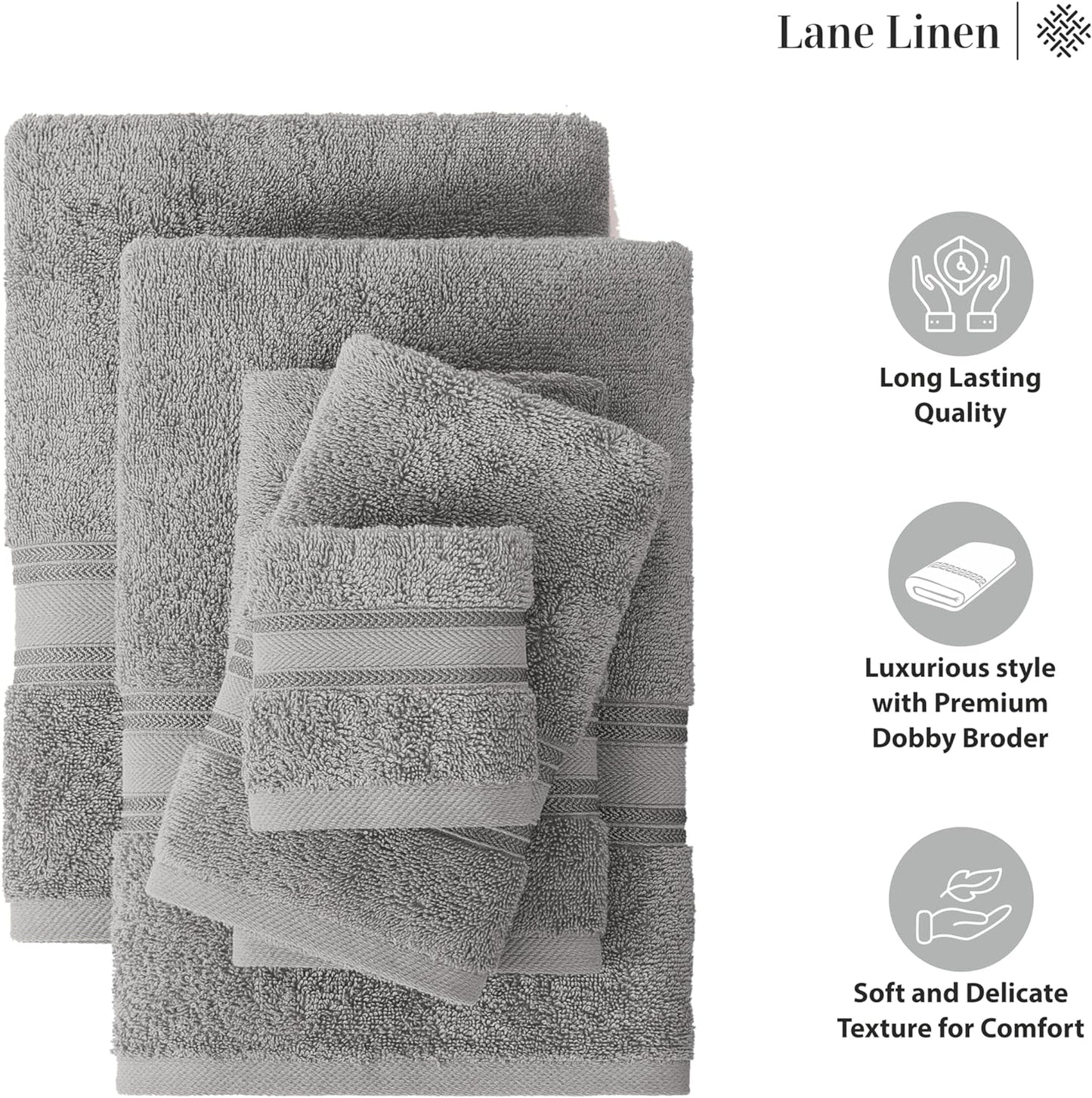 LANE LINEN 100% Cotton 18 Piece Bath Towel Set - Zero Twist, Quick Dry, Super Soft & Highly Absorbent - 6 Bath, 6 Washcloths, 6 Hand Towels for Bathroom - Hotel Quality Bathroom Towel Set - Grey