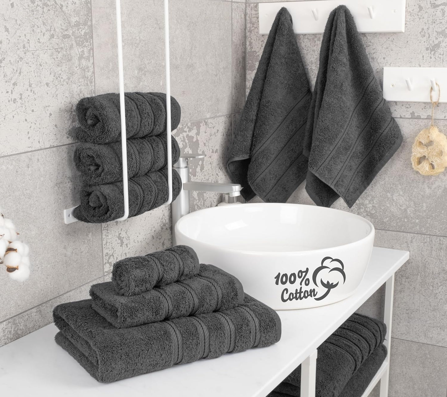 American Soft Linen Luxury 6 Piece Towel Set, 2 Bath Towels 2 Hand Towel 2 Washcloths, 600 GSM 100% Cotton Turkish Towels for Bathroom, Dark Gray Towel Sets