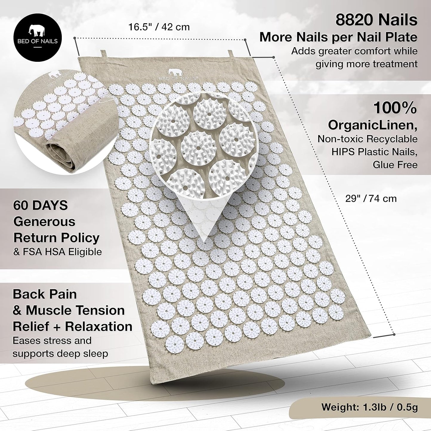 Bed of Nails Original Comfortable Premium Eco Acupressure Mat Pillow Cushion Strap for Pain Relief, Increased Energy, Relaxation, Muscle Recovery with Tote Bag (ECO Travel)
