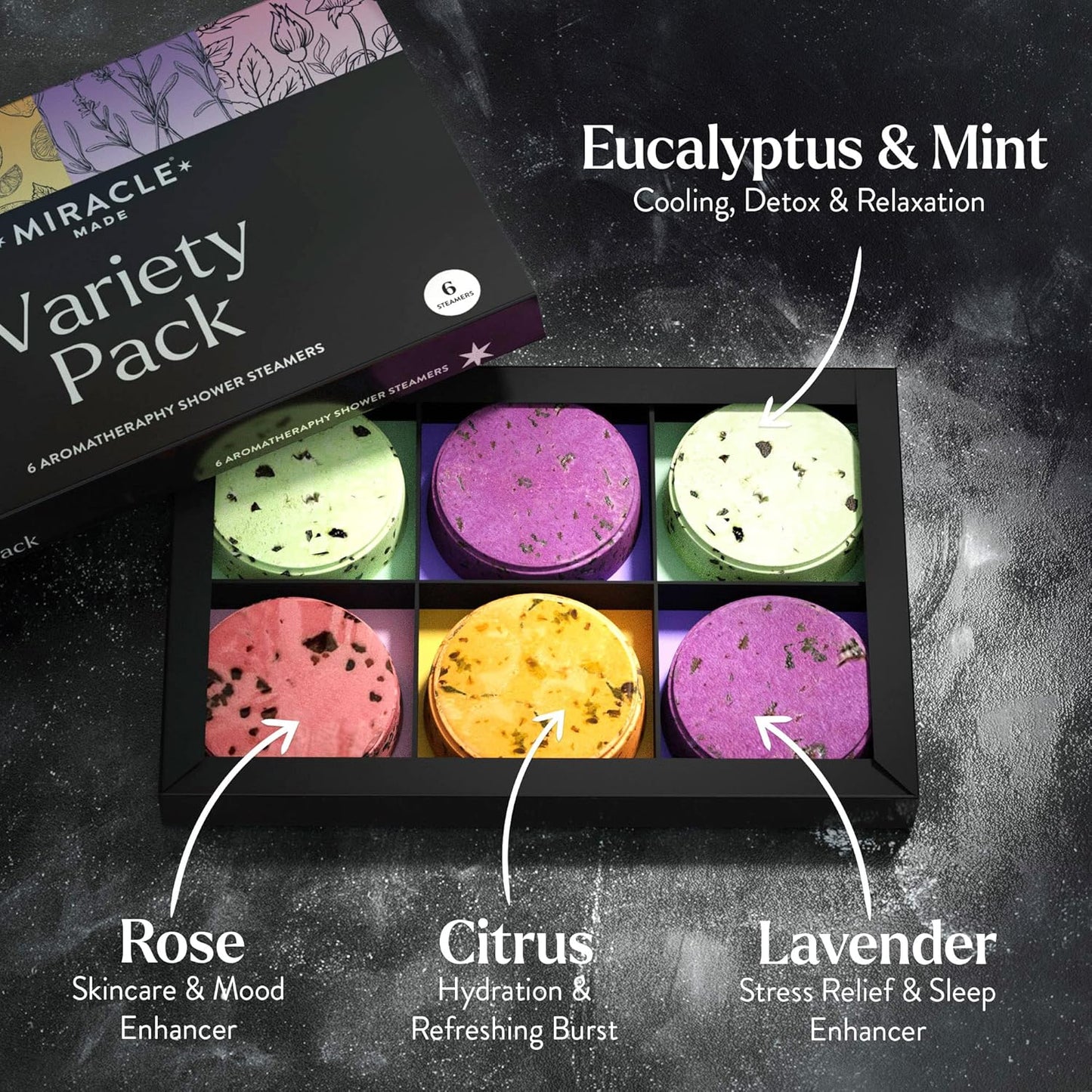 Miracle Made Variety Pack Aromatherapy Shower Steamers – Essential Oil Shower Bombs for Relaxation, Nasal Relief & Daily Self-Care – 6 Shower Melt Tablets with Dried Flowers