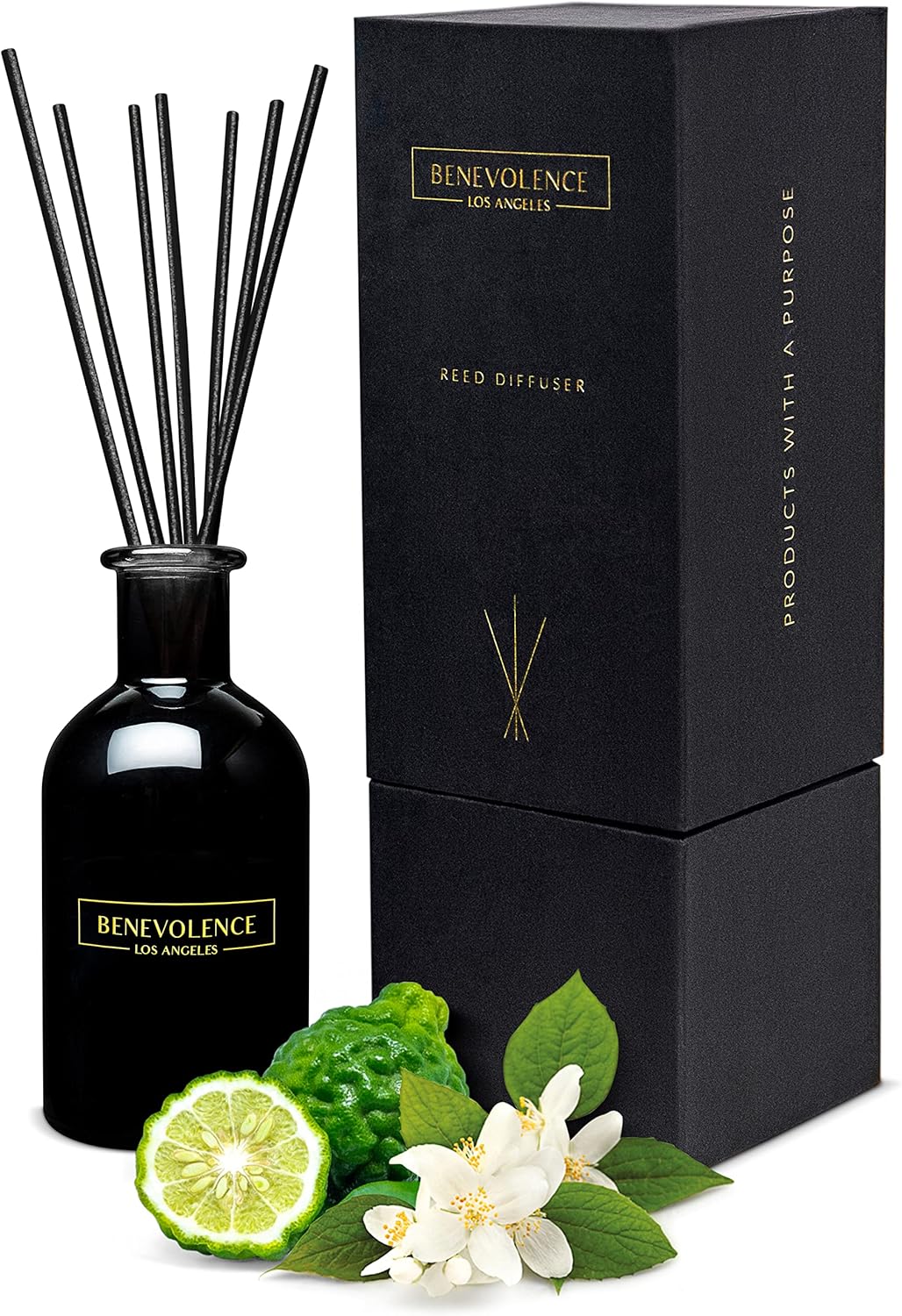 Benevolence LA Reed Diffusers for Home, Bergamot & Jasmine Relaxing Fragrance | Aromatherapy Reed Diffuser Sticks with Gift Box, Scented Sticks for Bathroom | Home Décor