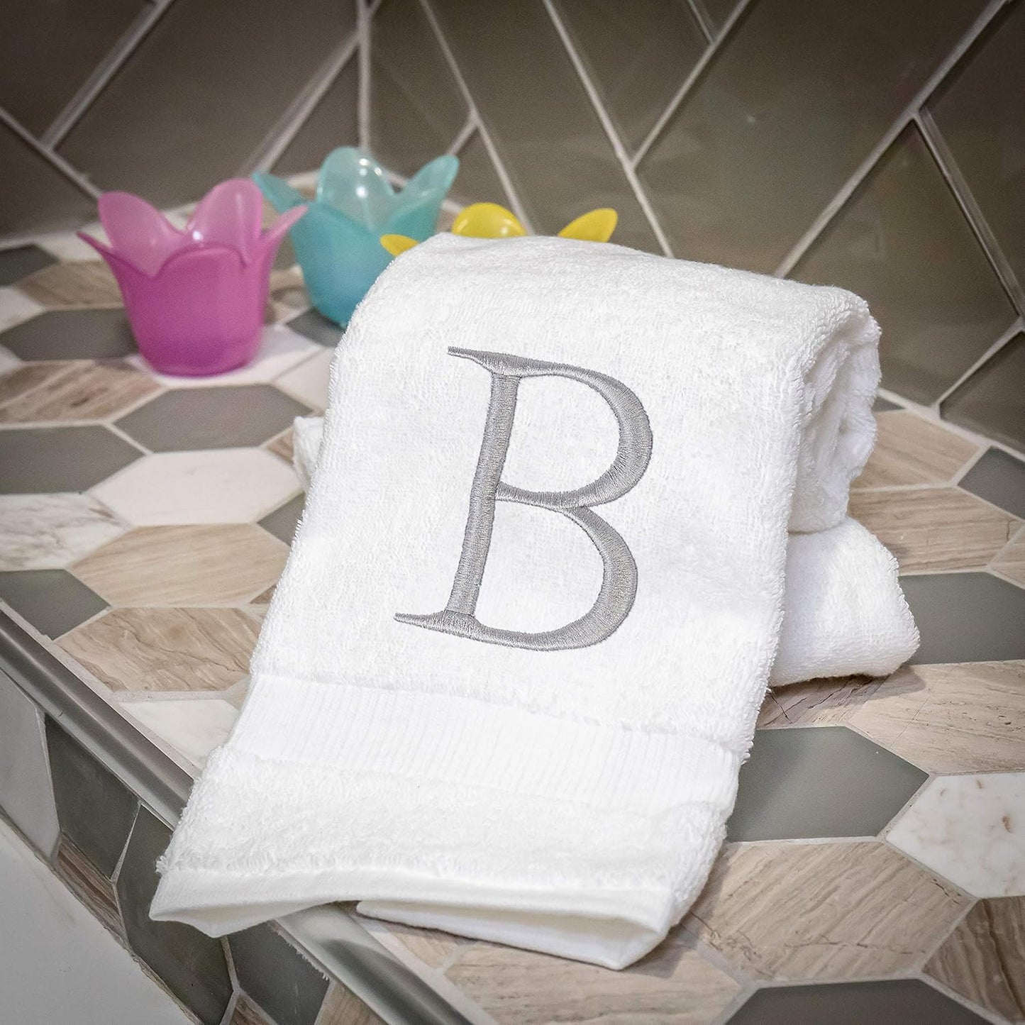 Monogrammed Hand Towels for Bathroom - Luxury Hotel Quality Personalized Initial Decorative Embroidered Bath Towel for Powder Room, Spa - GOTS Organic Certified - Set of 2 Letter B