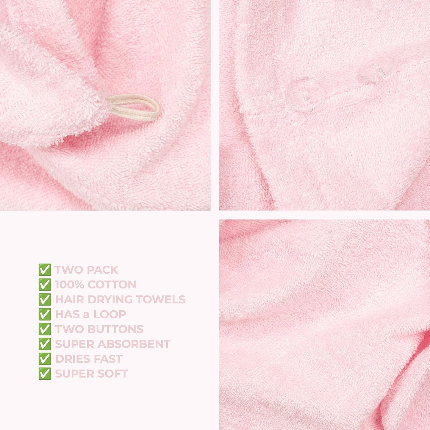 American Soft Linen 100% Cotton Hair Towels for Women, Head Towel Cap, Cotton Hair Turban Towel Wrap for Long Curly Anti Frizz Hair, Soft and Absorbent Cotton Hair Towels 2 Pack, Pink