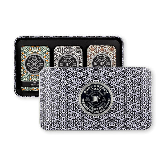 La Chatelaine Luxury Bar Soap Trio Gift Set Tin | Made in France | Natural and Organic | Shea Butter Formula | 3 x 8.8 oz / 250g - Gray Mosaic Soap Trio (Moroccan Mint, Vetiver Cedar, Bourbon Vanilla)