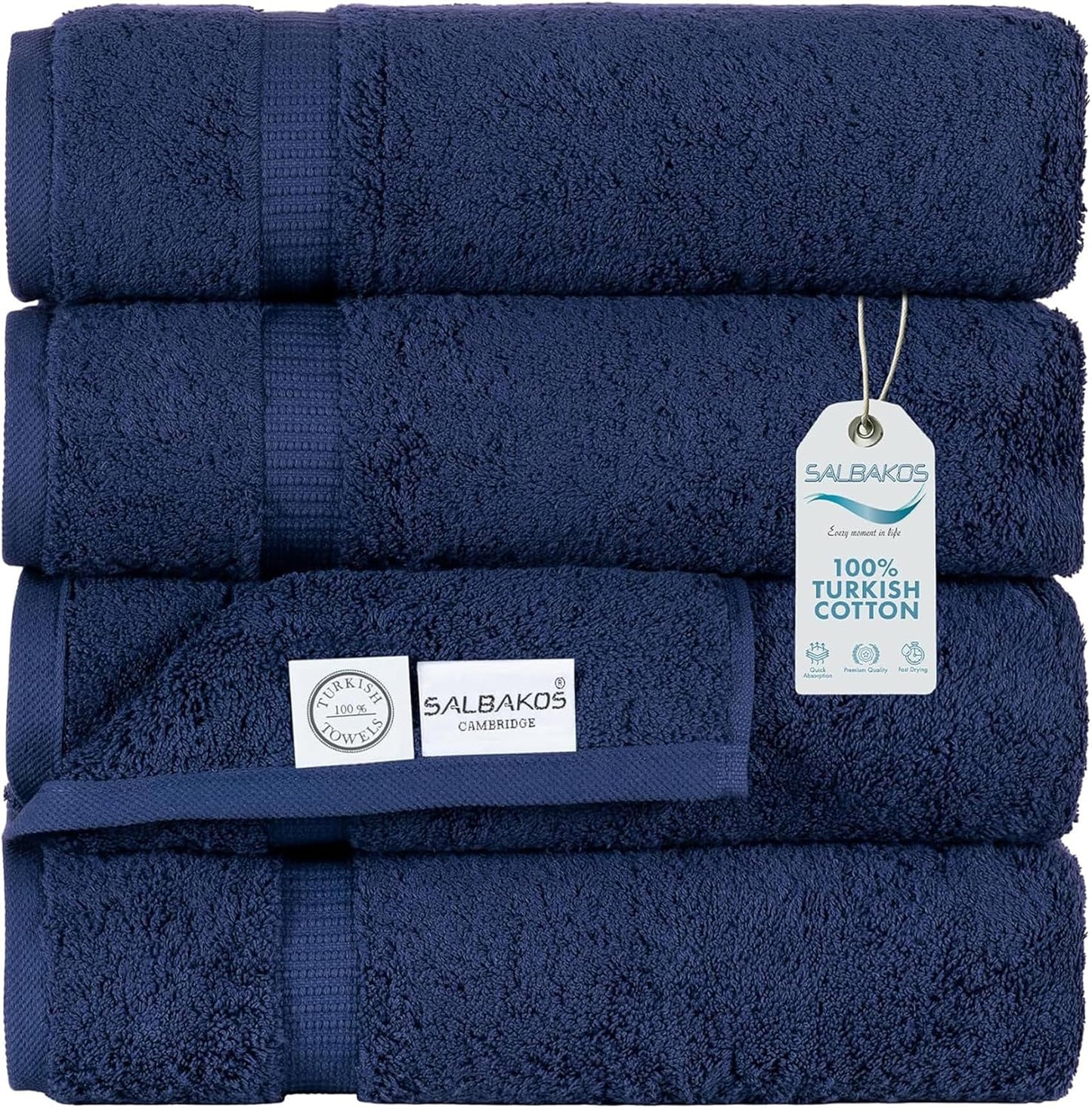 SALBAKOS 100% Turkish Cotton Bath Towel Set of 4 27x54 inch | Heirloom Quality | Hotel & Spa Collection | Ultra Soft, Super Absorbent, Long Lasting Bath Towels | Made in Turkey (Navy, 4 Bath Towels)