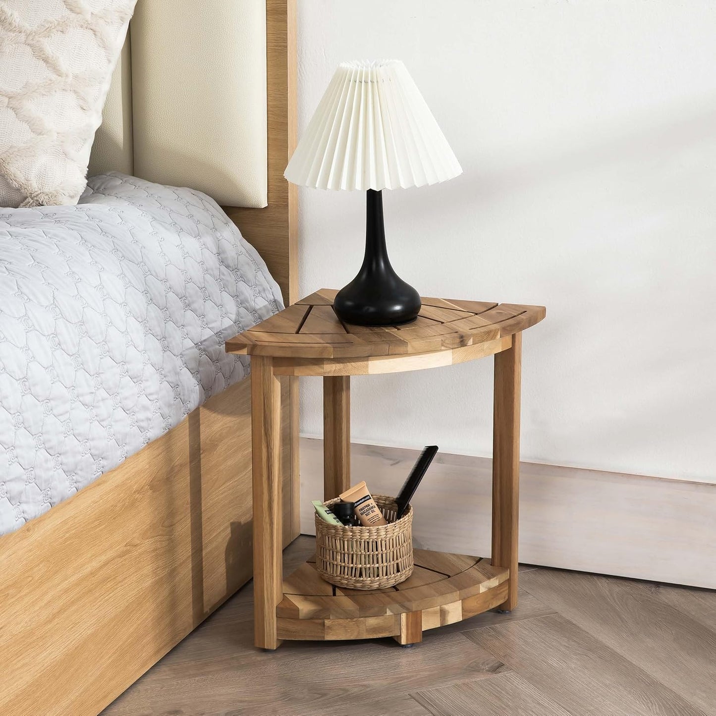 Acacia Corner Shower Stool, Waterproof Spa Foot Rest & Bath Bench with Storage Shelf & Soap Dish, Ideal for Bathroom, Shaving Legs, or as Small Corner Table/Step Stool (Light Natural)