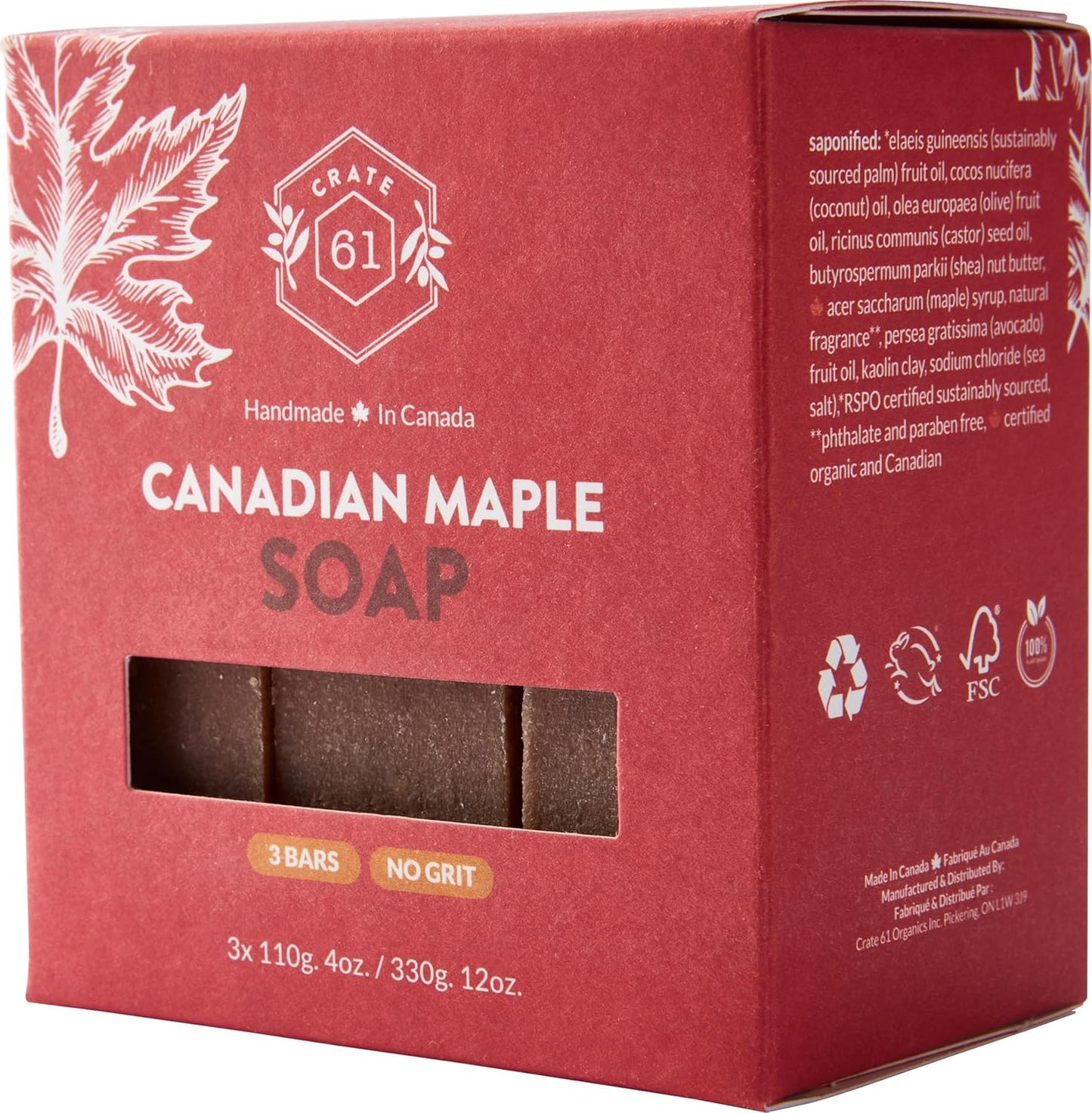 Crate 61, Handmade in Canada, Plant Based Cold Process Natural Bar Soap Cold Pressed For Face And Body, With Premium Oils (Canadian Maple)