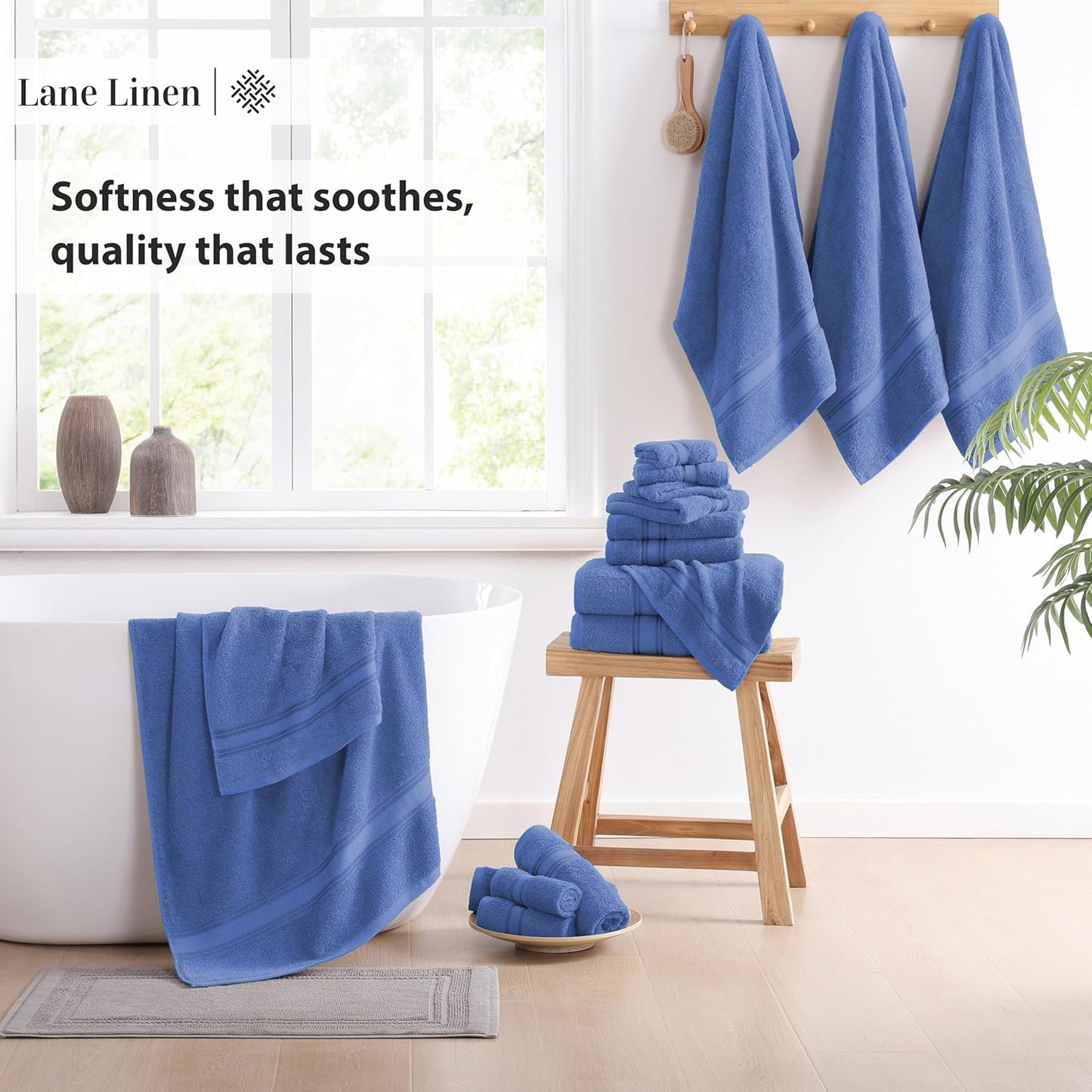 LANE LINEN 100% Cotton Luxury Bath Towel Set - 18 Pieces - Zero Twist, Quick Dry, Super Soft & Highly Absorbent - 6 Bath, 6 Washcloths, 6 Hand Towels for Bathroom - Pre Shrunk - Cerulean Blue
