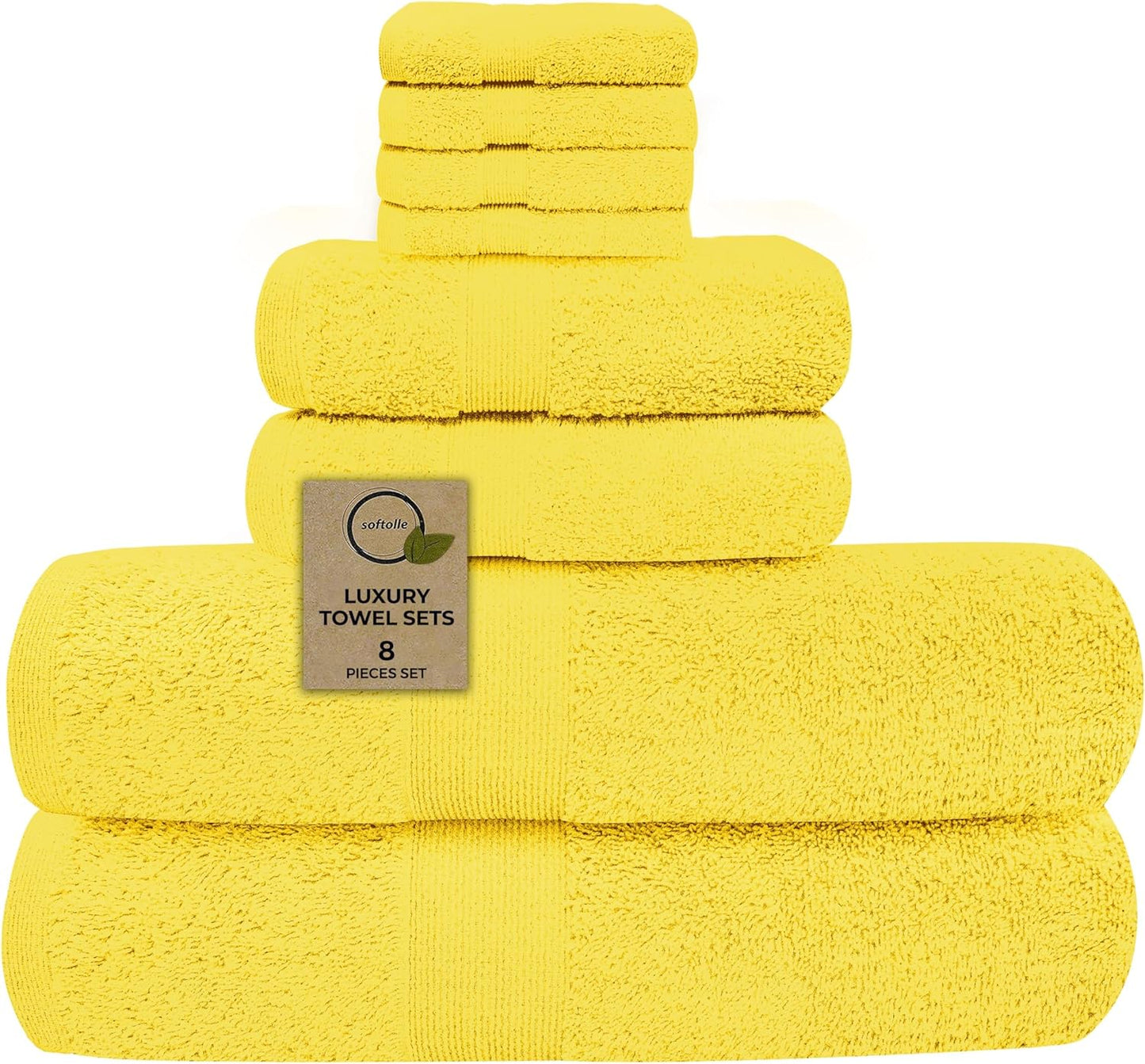 Luxury 8 Piece Towel Set, 2 Bath Towels 2 Hand Towels 4 Washcloths, Towels for Bathroom, Home, Spa & Gym - Highly Absorbent Ultra Soft Quick-Dry (Yellow)