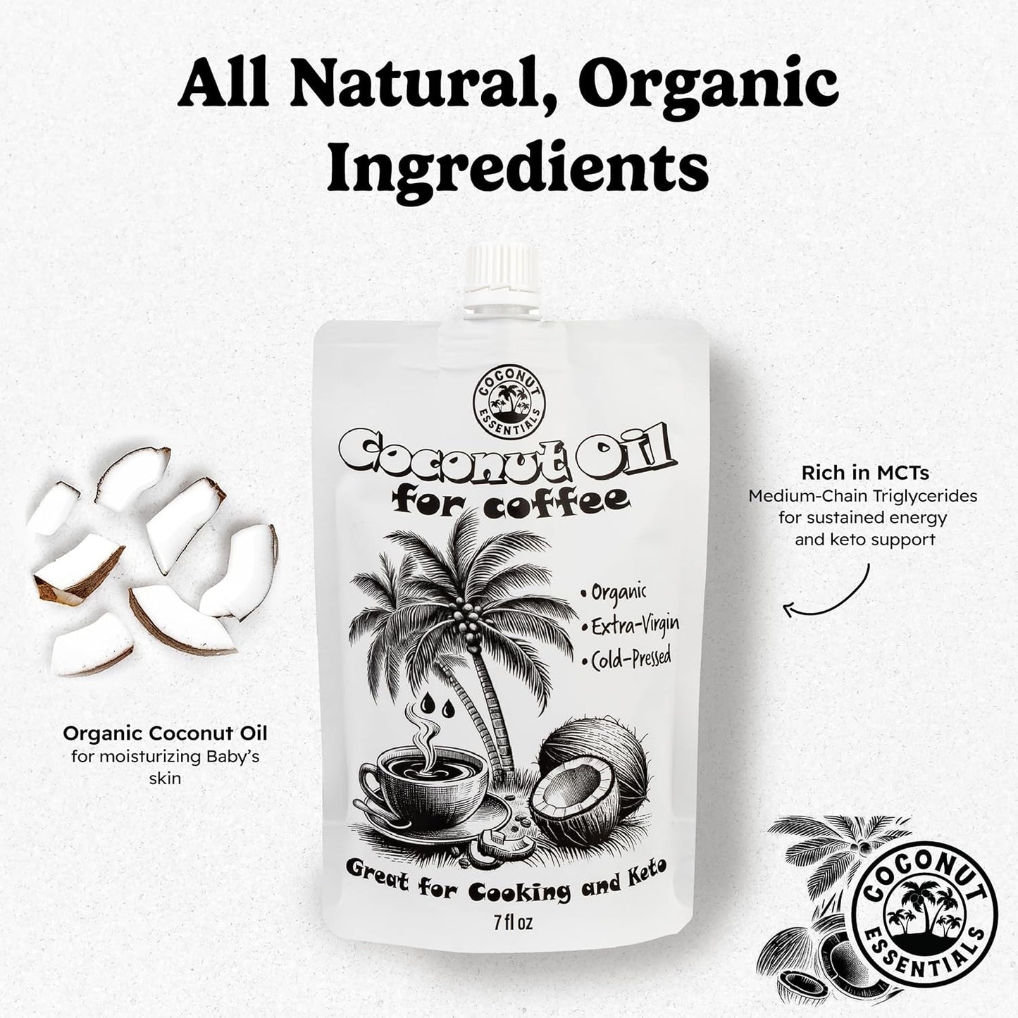 Coconut Essentials - Organic Coconut Oil for Coffee, Cold-Pressed, MCT Oil for Weight Loss, Brain & Digestive Health, Keto-Friendly, Natural Slim, 1 Pouch, 7 fl oz
