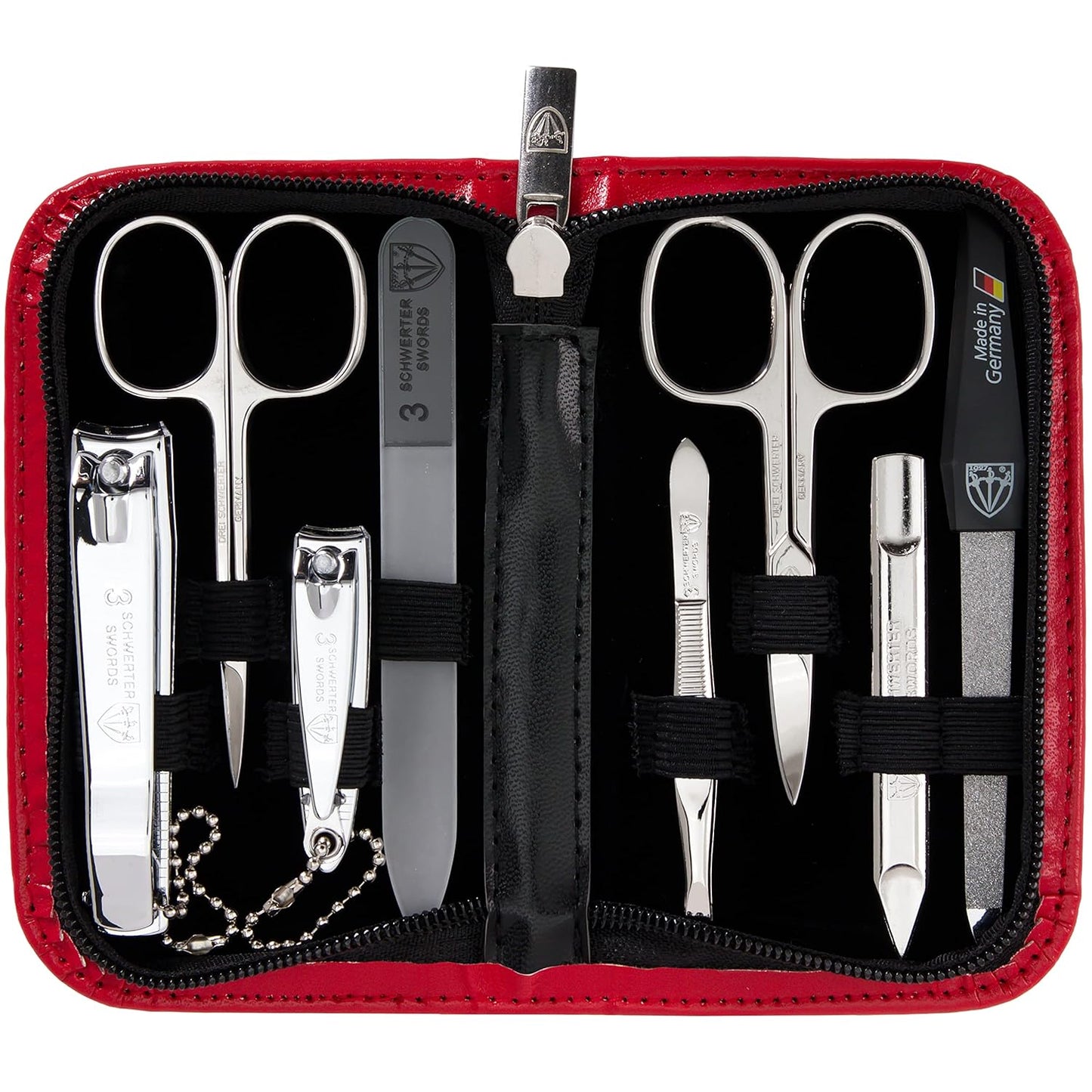 3 Swords Germany - brand quality 8 piece manicure pedicure grooming kit set synthetic leather case red - Made in Germany