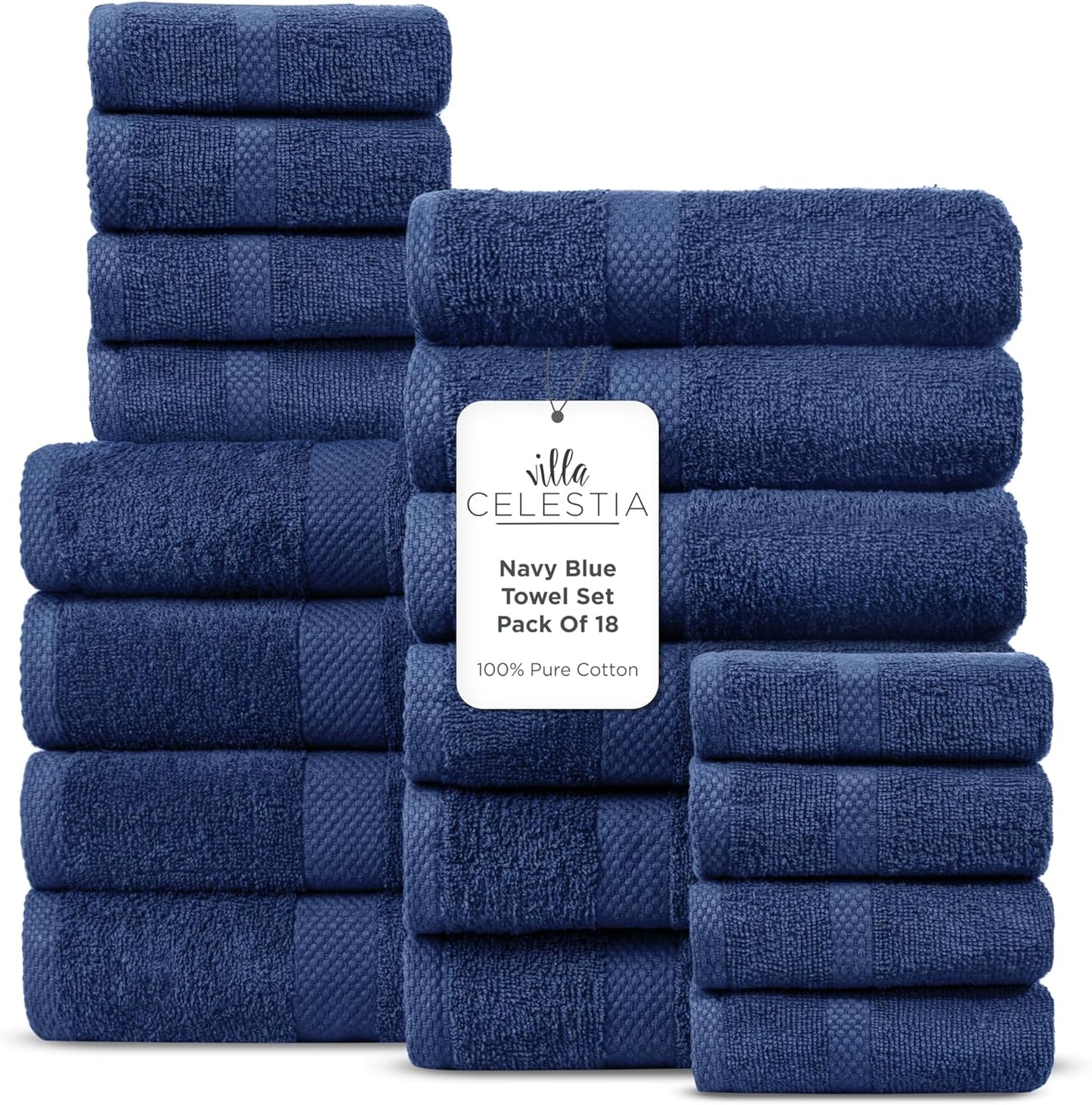 100% Cotton Bath Towel Set of 18-4 Bath Towels, 6 Hand Towels, 8 Wash Cloths, Sustainable, Soft, Highly Absorbent, Combed Cotton 18 Piece Set for Hotels, Spa, Bathroom, Dorm, Navy Blue