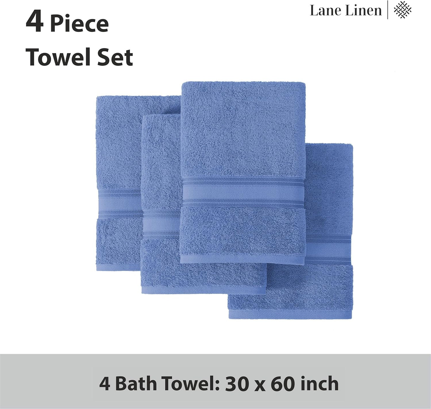 LANE LINEN 100% Cotton 4 Pack Bath Towels (30"x60") - Zero Twist, Mercerized Cotton Bathroom Towels Set - Quick Dry, Soft & Absorbent Large Bath Towels - Machine Wash in Cold Water - Cerulean Blue