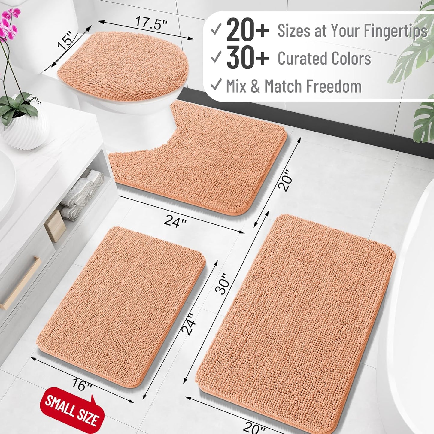 OLANLY Bathroom Rugs 24x16, Extra Soft Absorbent Chenille Bath Rugs, Rubber Backing Quick Dry, Machine Washable Bath Mats for Bathroom Floor, Tub and Shower, Home Decor Accessories, Peach