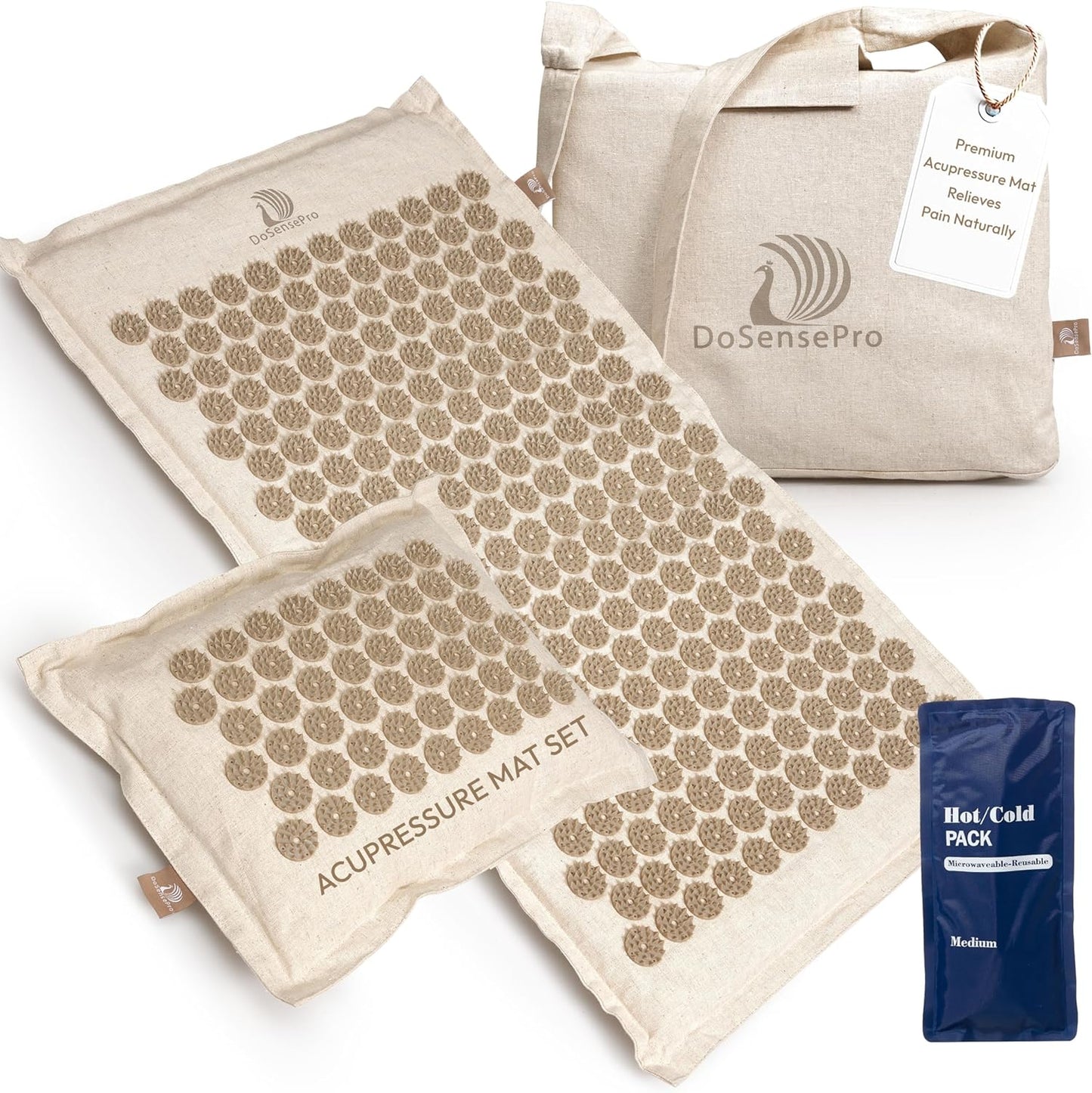 Acupressure Mat & Pillow Set with Hot/Cold Gel Pack for Back and Neck Pain Relief, Sciatica and Pressure Point Aches - Ideal Acupuncture Mat for Sleeping Aid & Workout Recovery (Natural Linen)