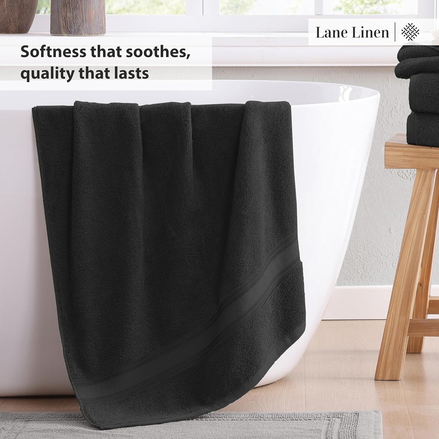 LANE LINEN Luxury Towels Set - 3 Piece Set, 100% Cotton Bathroom Towels, Zero Twist, Quick Dry Shower Towels, Absorbent Bath Towel, Super Soft, 1 Bath Towel, 1 Hand Towel, 1 Wash Cloths - Black