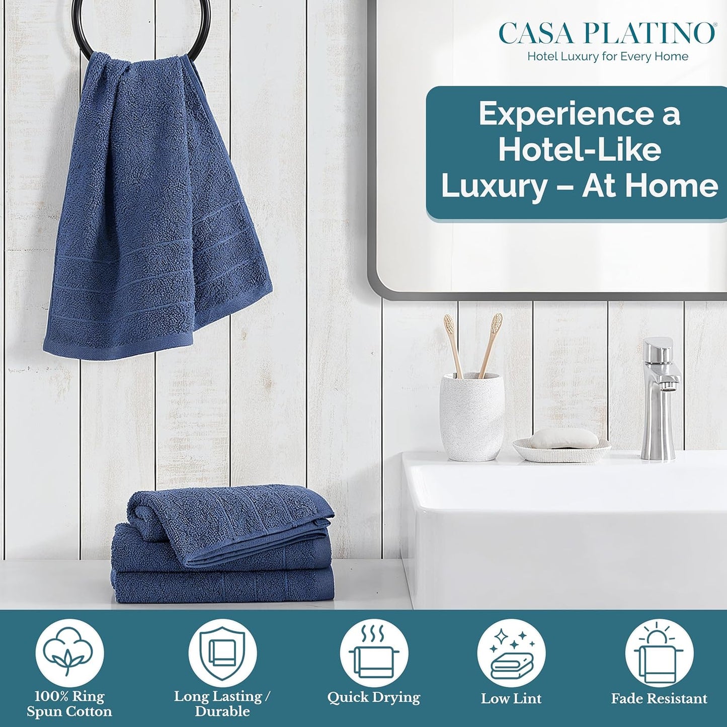 Casa Platino Hand Towel Pack of 4 (16"x28") - Spa & Hotel Quality - 100% Mercerized Cotton, Ring Spun - Quick Dry, Ultra Soft & Absorbent Bath Hand Towels for Bathroom & Salon - Pre Shrunk - Navy Blue
