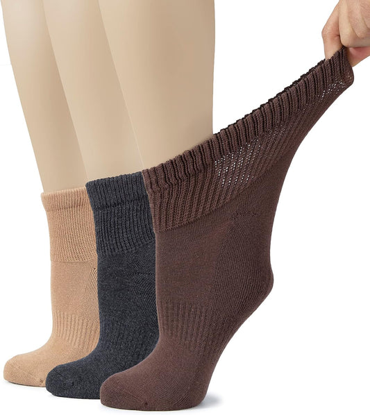 Hugh Ugoli Women's Cotton Diabetic Ankle Socks, Wide, Loose, Stretchy, Seamless Toe, Non Binding Top Semi Cushion, 3-6 Pairs