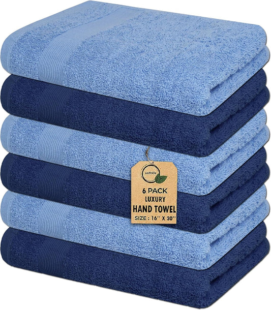 Premium Hand Towels Pack of 6 (16" x 30”) 100% Combed Ring Spun Cotton | Highly Absorbent Hand Towels Set | Ultra Soft for Home, Gym & Spa (Sky/Navy)