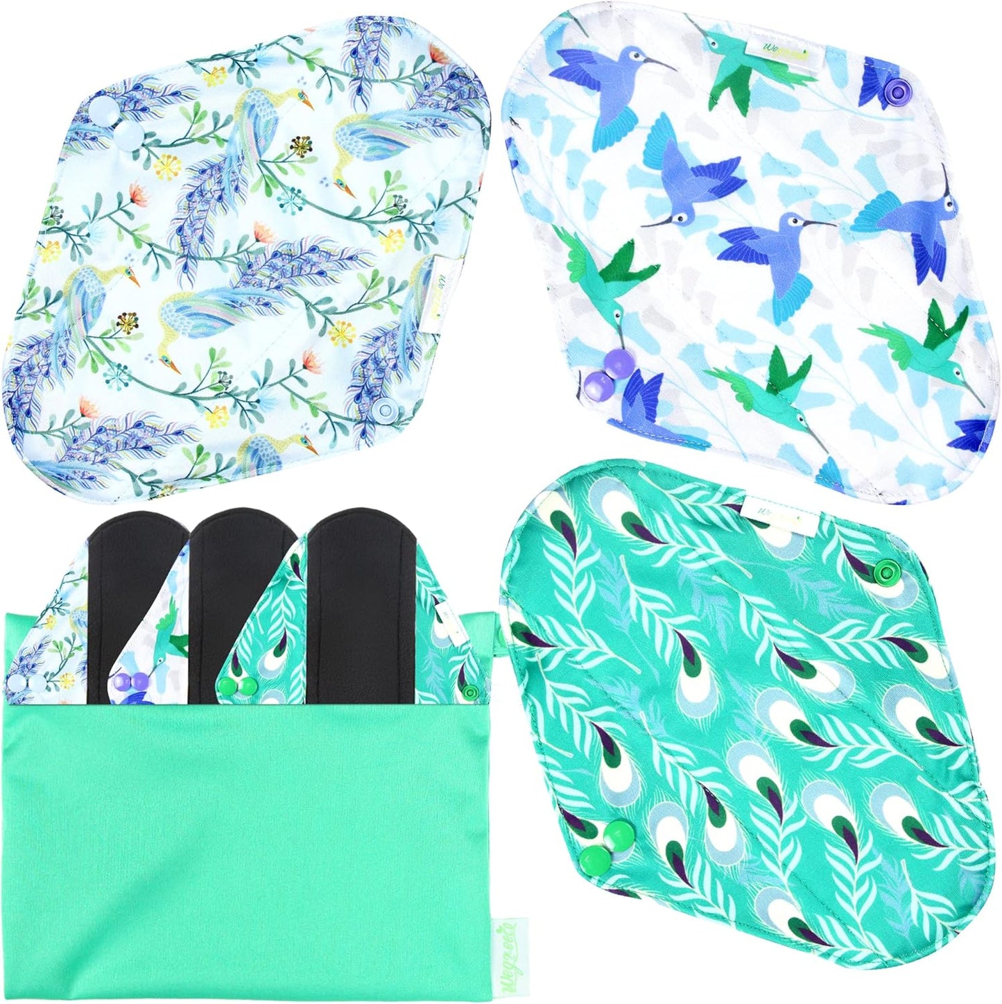 Wegreeco Reusable Menstrual Pads - Soft Cloth Sanitary Pads & Panty Liners - 6 Pack with 1 Mini Wet Bag (Medium, Peacock)