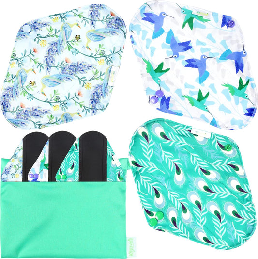 Wegreeco Reusable Menstrual Pads - Soft Cloth Sanitary Pads & Panty Liners - 6 Pack with 1 Mini Wet Bag (Medium, Peacock)