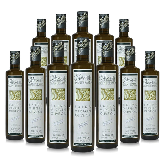 Delicate Italian Extra Virgin Olive Oil Cold Pressed - Light Olive Oil for Cooking and Frying, Imported from Italy - Masserie di Sant'Eramo - 16.9 Fl Oz (Pack 12)