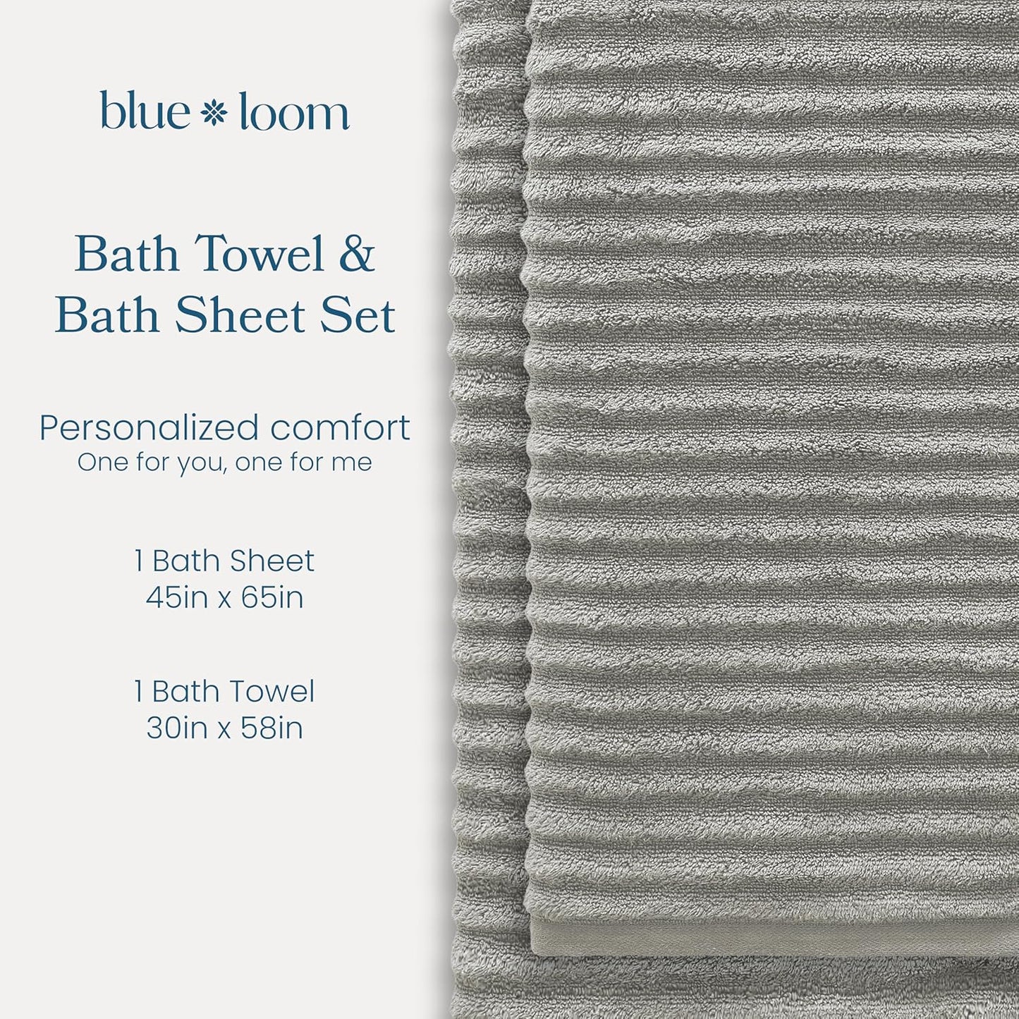 Blue Loom Ribbed Bath Sheet & Towel, 100% Cotton 600 GSM, Soft Absorbent Durable Quick Drying Bath Sheet & Bath Towel Set for Bathroom - Mason Set of 2 Stone Grey (65" x 45" & 58" x 30")