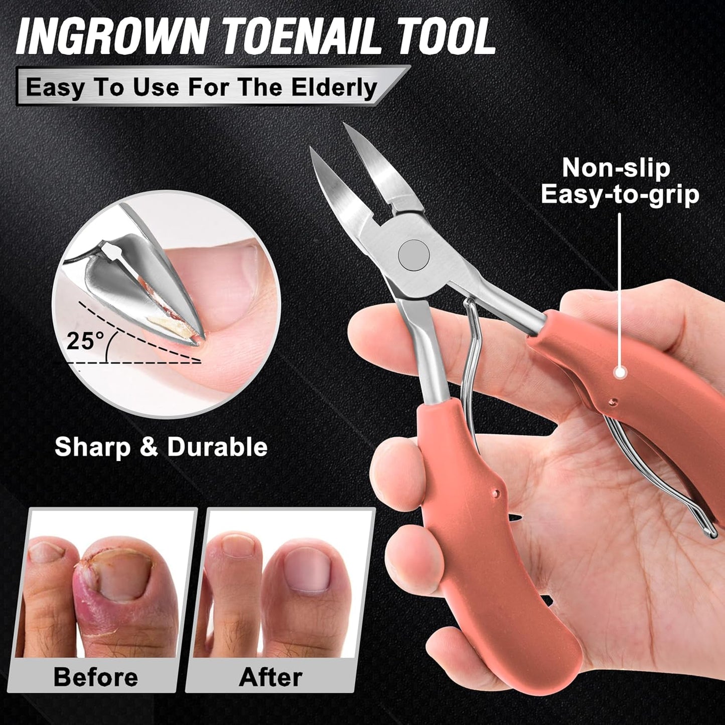 Toenail Clippers for Seniors Thick Toenails, Aucurwen Heavy Duty Toe Nail Clippers Adult Thick Nails Long Handle, Large Toenail Clippers for Thick Nails 7Pcs(Pink)