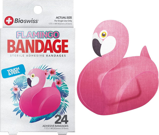 BioSwiss Kids Bandages, Flamingo Shaped Self Adhesive Bandage Set, Latex Free, Sterile Wound Care, 24 Count