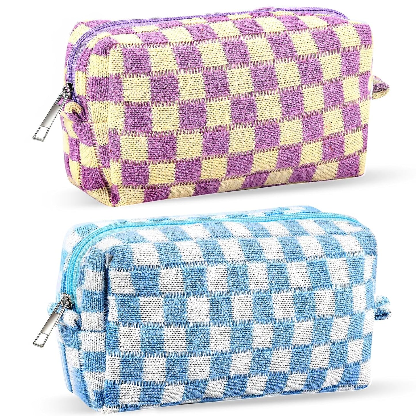 ZLFSRQ 2Pcs Checkered Pencil Case Cute Pencil Pouch for Teens Checkered Makeup Bag Medium Travel Cosmetic Bag Preppy Makeup Pouch for Purse Aesthetic Zipper Toiletry Bags Organizer(Blue/Purple)