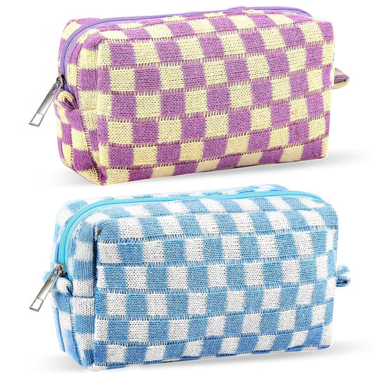 ZLFSRQ 2Pcs Checkered Pencil Case Cute Pencil Pouch for Teens Checkered Makeup Bag Medium Travel Cosmetic Bag Preppy Makeup Pouch for Purse Aesthetic Zipper Toiletry Bags Organizer(Blue/Purple)