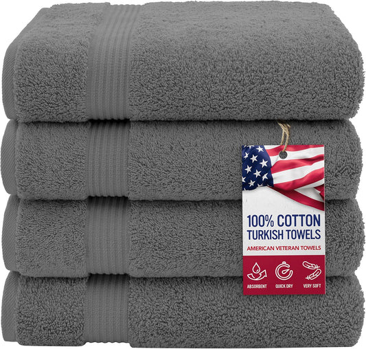 American Veteran Towel, 100% Cotton Turkish Bath Towels for Bathroom 4 Pack, 27x54 Extra Large Premium Soft Drying Bathroom Towels, Dark Gray