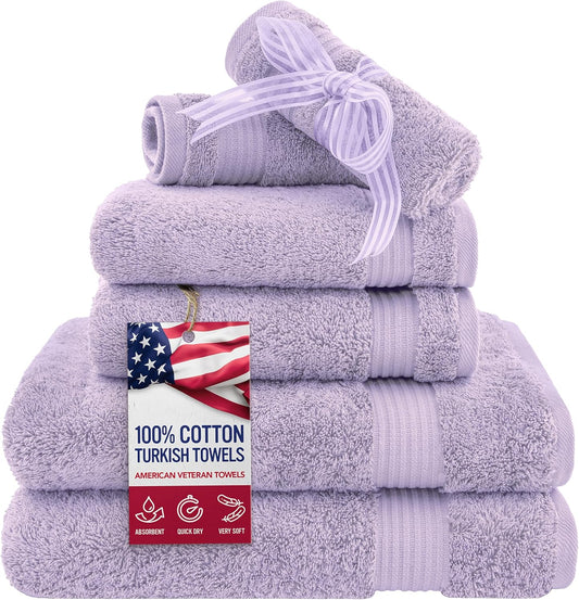 American Veteran Towel, 6 Piece Towel Set for Bathroom, 100% Cotton Turkish Bathroom Towels, 2 Bath Towels 2 Hand Towels 2 Washcloths, Lilac